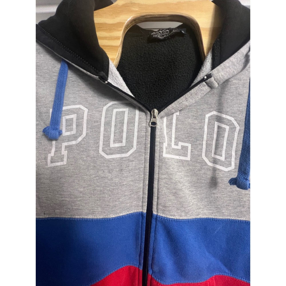 Polo Ralph Lauren Mens XL Hoodie Colorblock Spellout Full Zip Grey Blue RedBlack